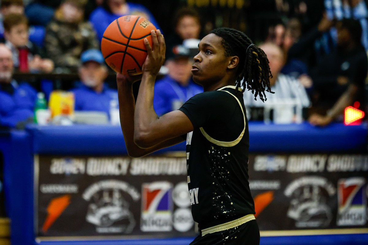Link Academy five-star junior Jasper Johnson takes a shot in the Lions' win over The Burlington School (North Carolina) at the Quincy Shootout on Jan. 20, 2024.